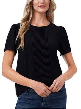 NWOT CeCe Women's Pintucked Front Short Sleeve Crew Neck Blouse Sz L